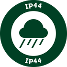 IP44-es esőálló jelvény felhő és eső ikonnal.
