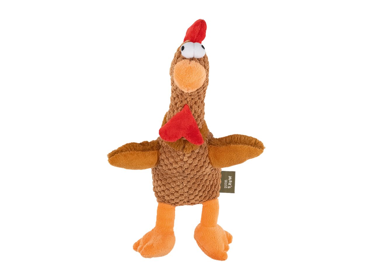 Brown plush chicken dog toy with orange legs and a red comb