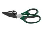 Green and black multi-purpose scissors with a protective cover