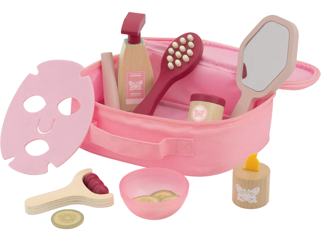 Rotaļu spa komplekts ar sejas masku, spoguli, suku un pudelēm rozā somā.