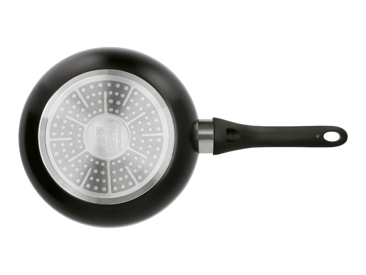 Bottom view of a black frying pan with a silver-colored base and a black handle.