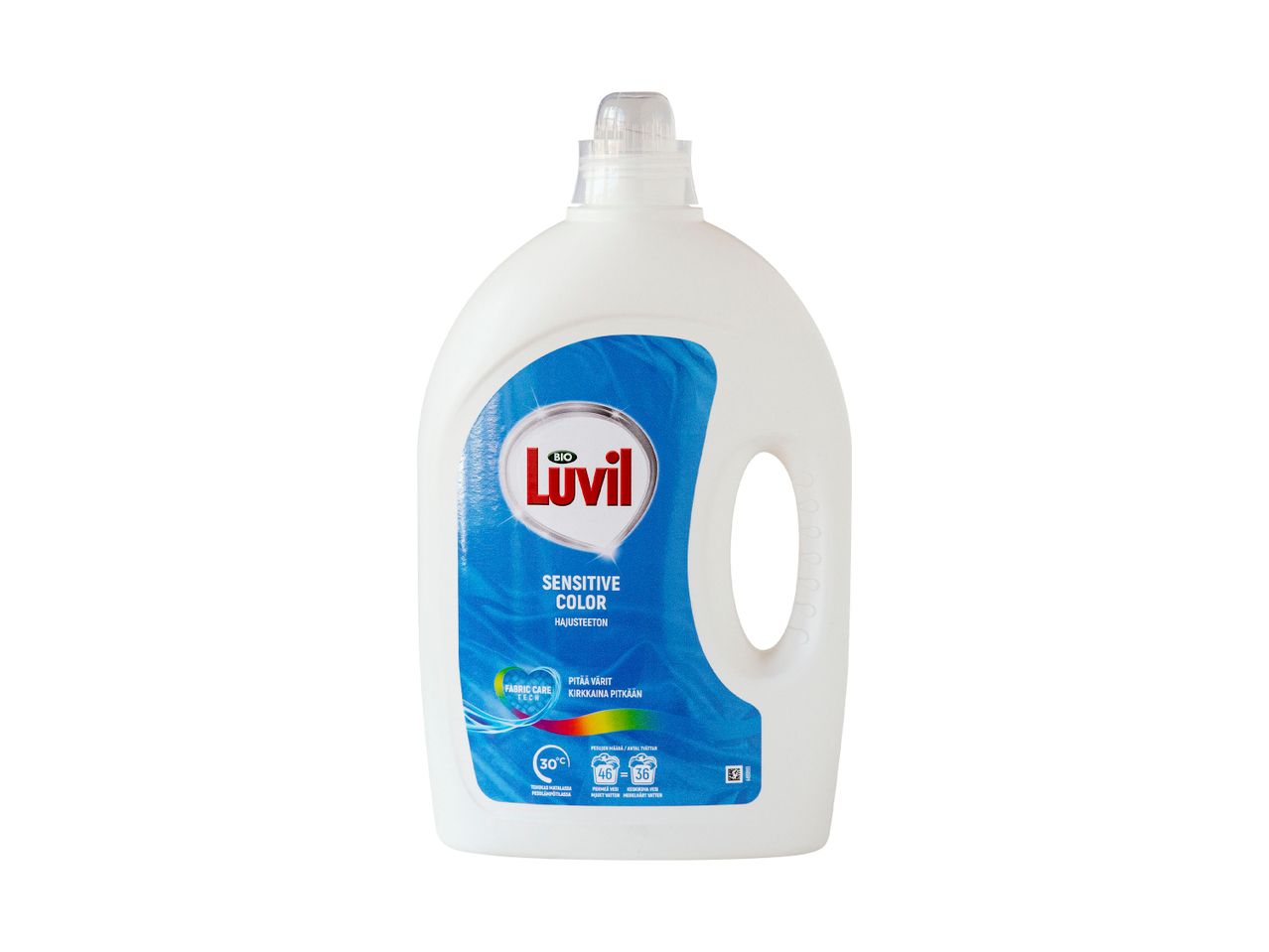 Valkoinen Luvil Sensitive Color -pyykinpesuainepullo sinisellä etiketillä.