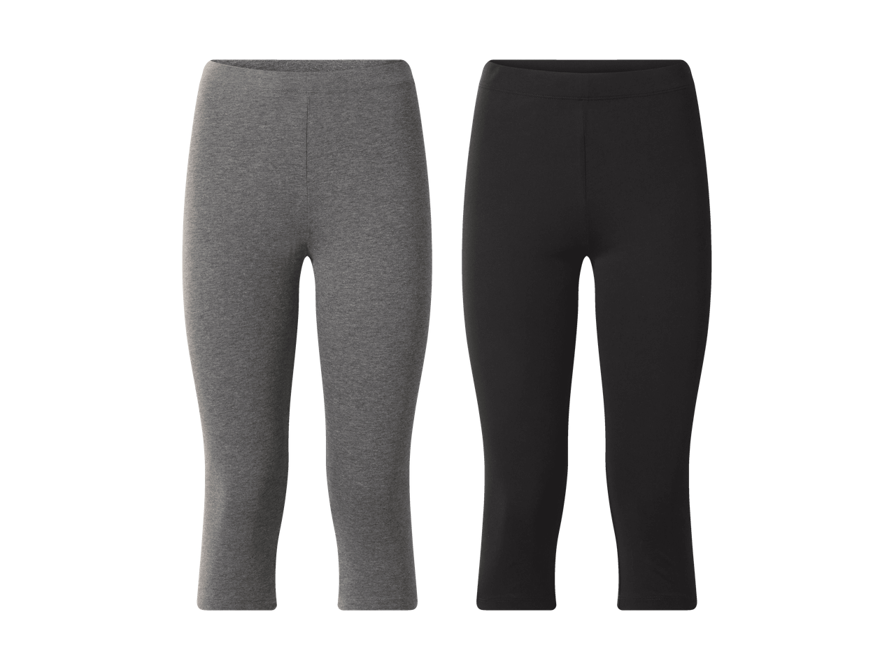 Deux leggings capri pour femmes, un gris et un noir, sur fond noir.