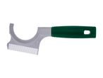 A metal scraper with a dark green handle.