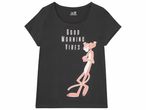 T-shirt noir à manches courtes avec l'image de la Panthère Rose et l'inscription 'Good Morning Vibes'.