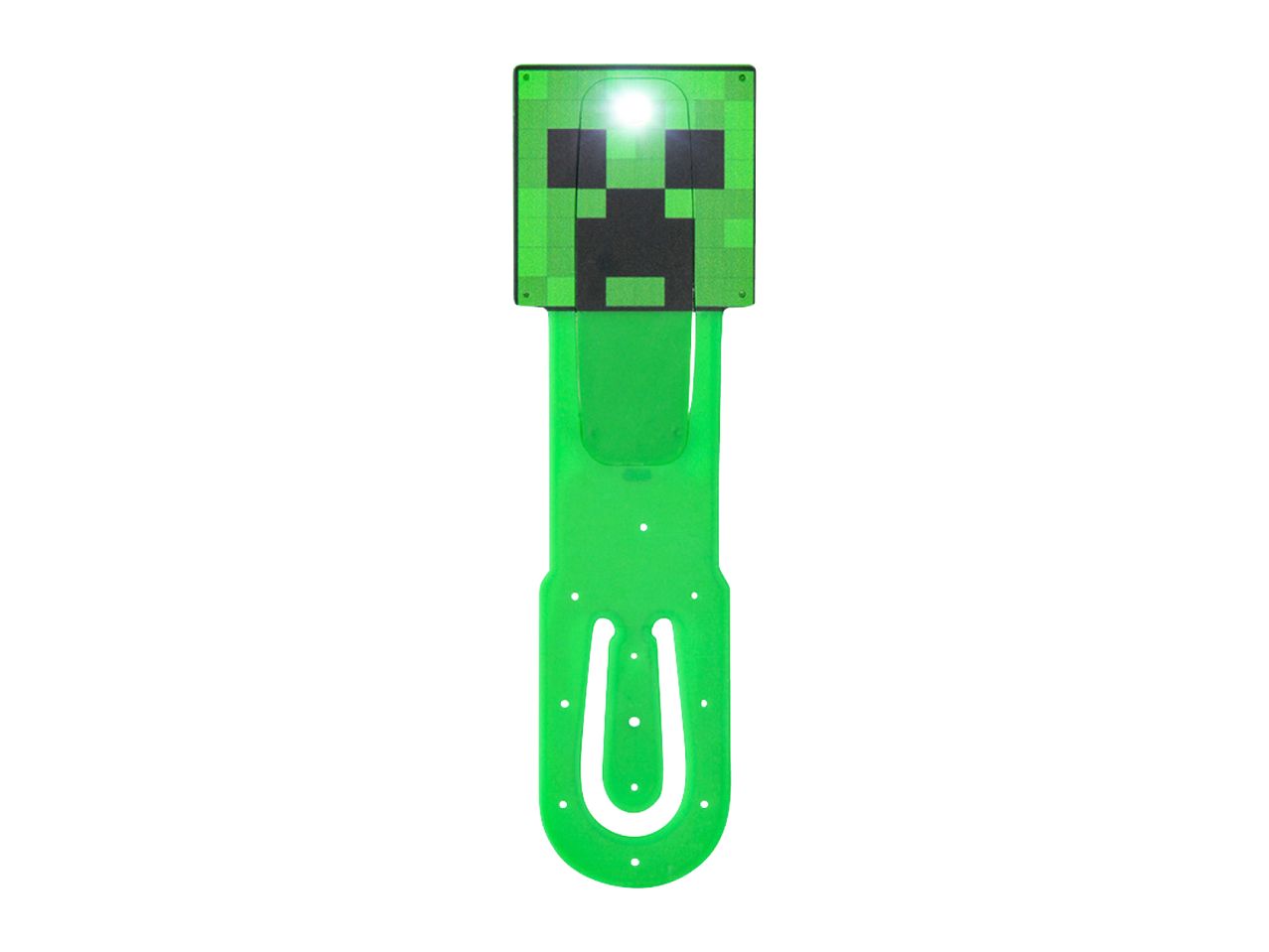 A green Minecraft Creeper bookmark with a built-in LED light.