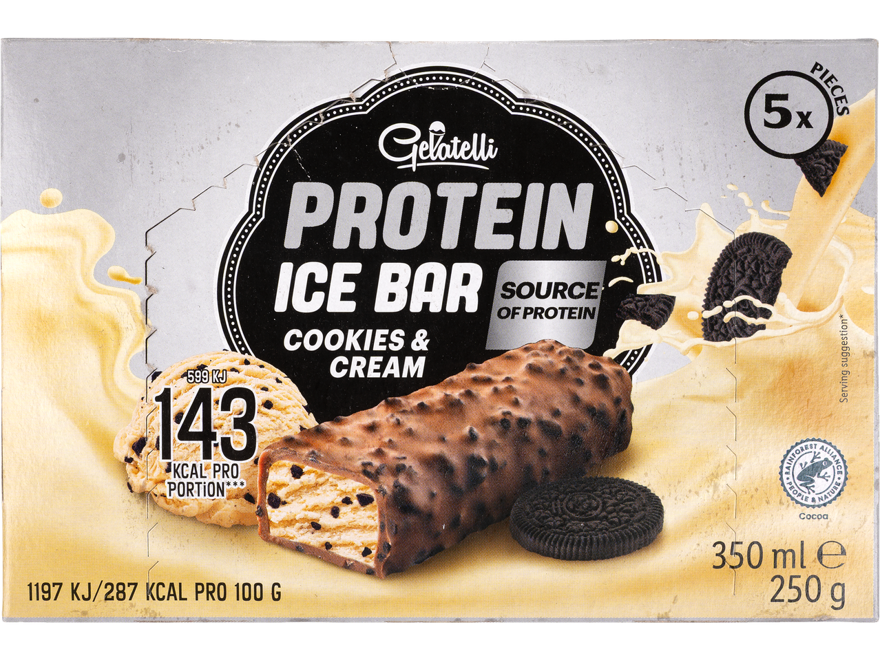 Batoane proteice Gelatelli cu aromă de biscuiți și cremă.