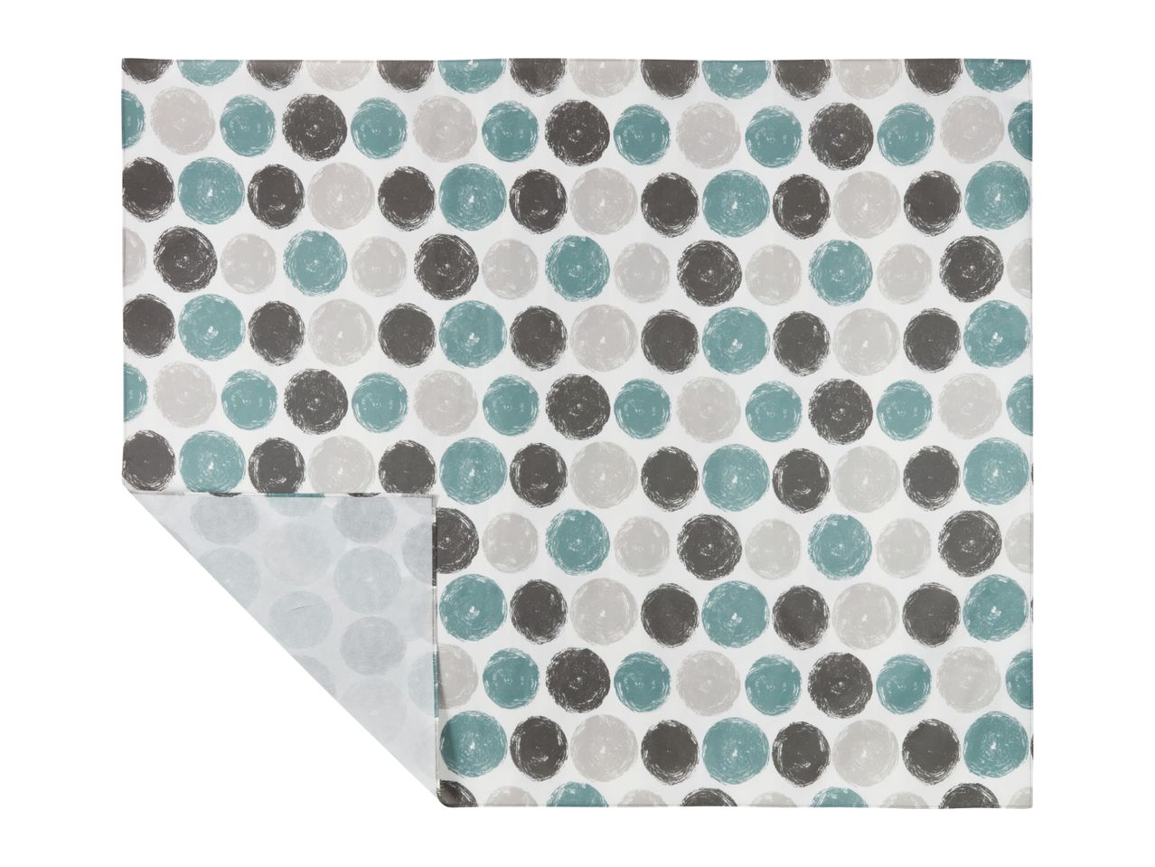 White fabric with a pattern of teal, grey, and dark grey textured circles.