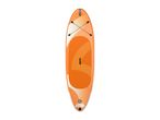 Orange and white inflatable stand-up paddleboard with crisscross bungee cords.