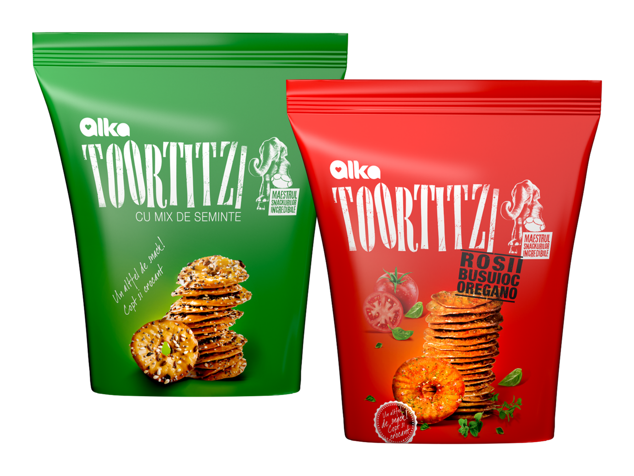 Două pungi de snack-uri coapte și crocante, una verde cu semințe și una roșie cu roșii, busuioc și oregano.