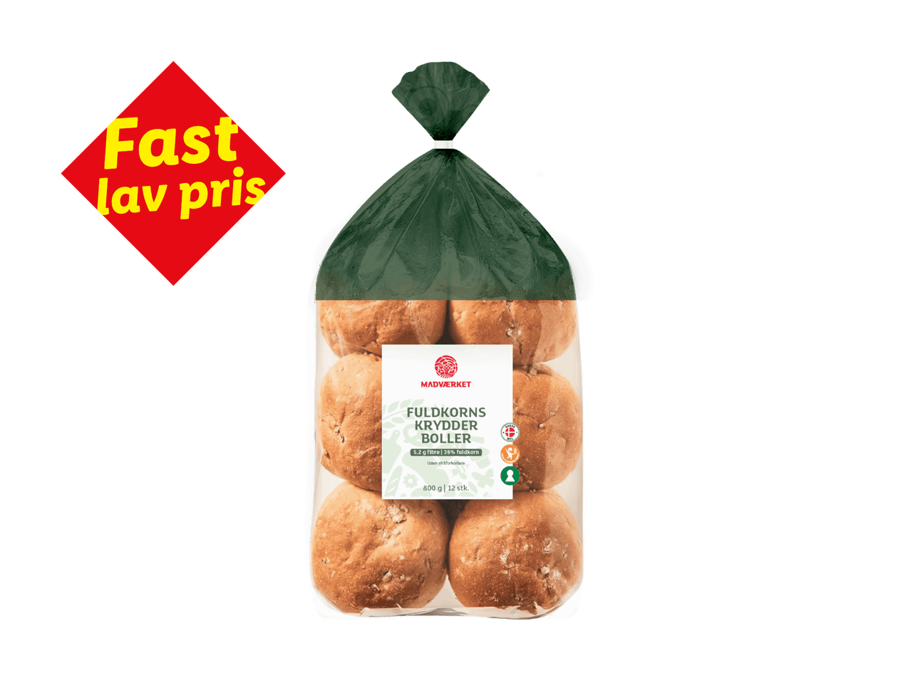 En pakke fuldkornsboller med et 'Fast lav pris'-mærke.