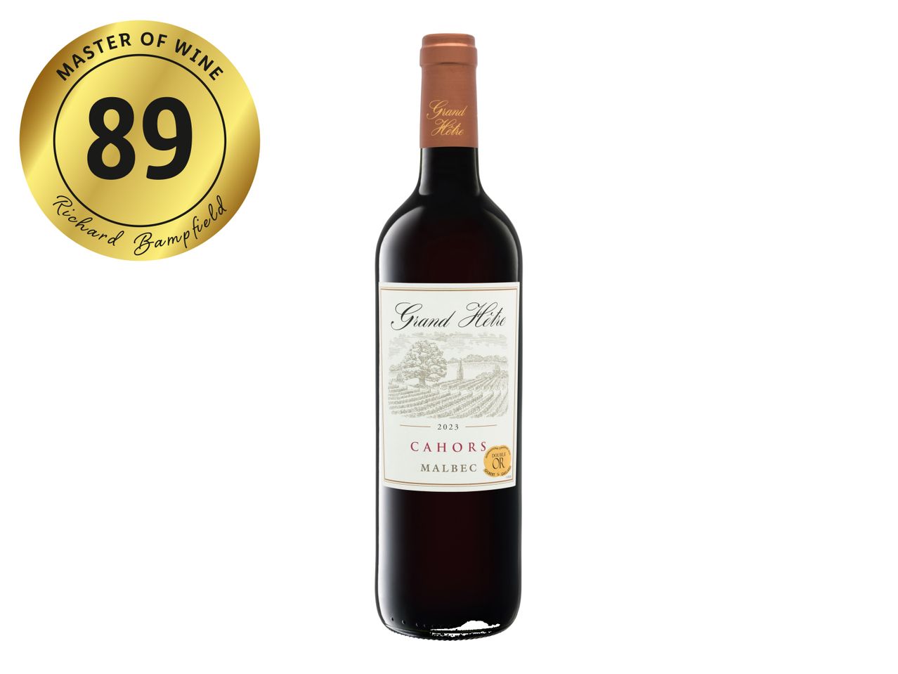 Grand Hêtre 2023 Cahors Malbec wine bottle with an 89-point Master of Wine rating.