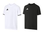 To ens t-shirts, en hvid med sort logo og ærmekant, og en sort med hvidt logo og ærmekant.