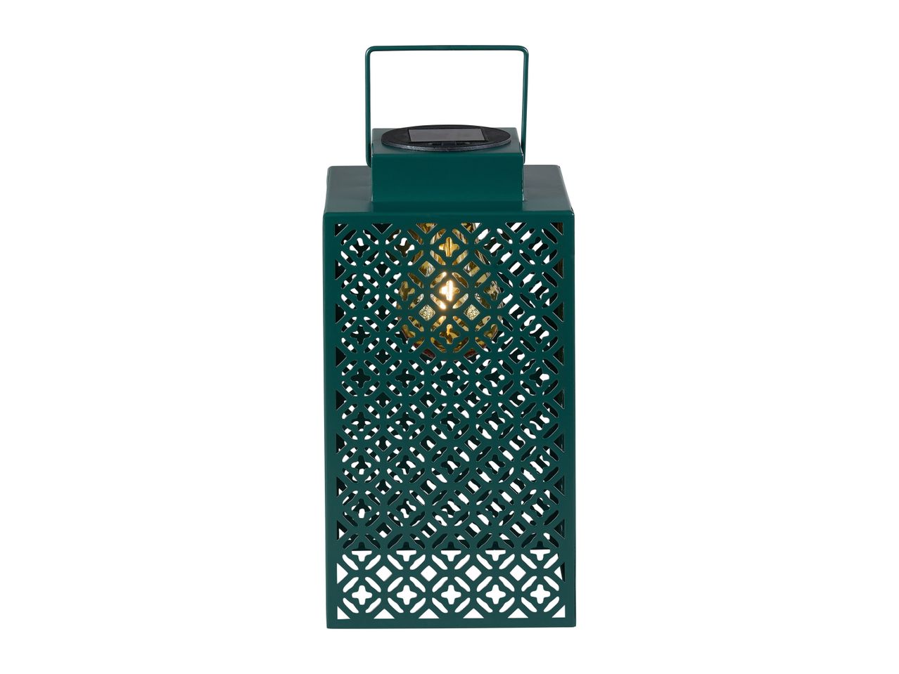 Green solar powered garden lantern, decorative.