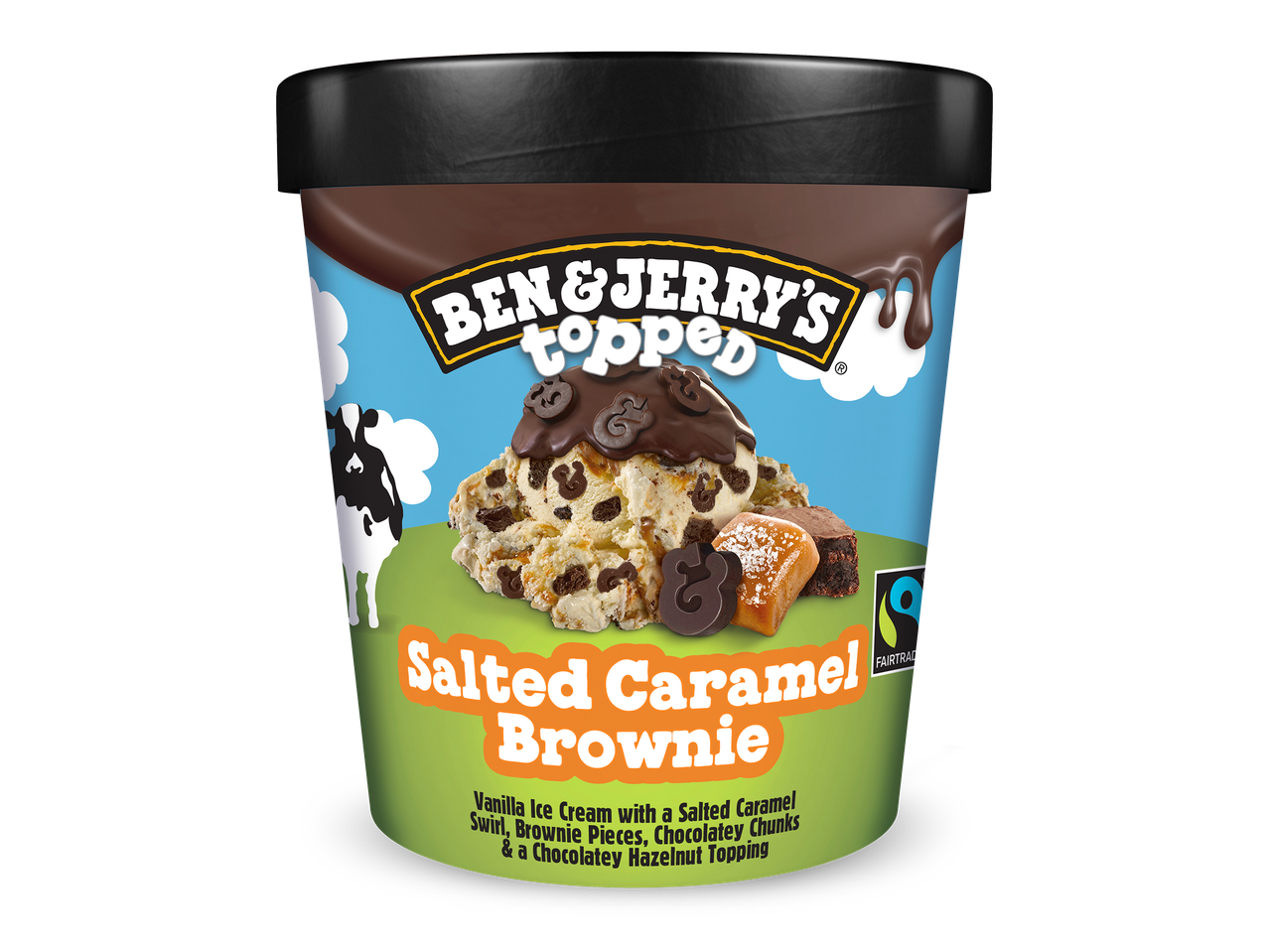 Gezouten karamel en brownie ijsbeker met chocolade topping.