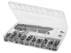 A clear plastic organizer box filled with metal snaps and a snap-setting tool.