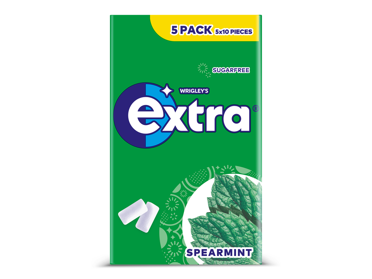 Groene verpakking van suikervrije kauwgom met spearmint smaak, 5 pakjes van 10 stuks.