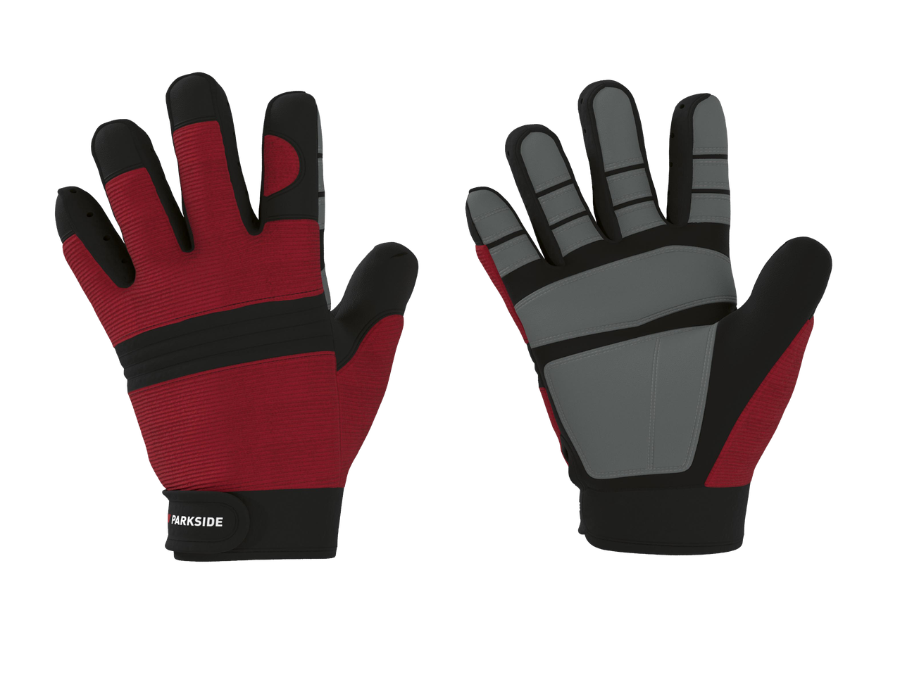 Piros és szürke munkakesztyűk, a bal kesztyűn 'PARKSIDE' felirattal.