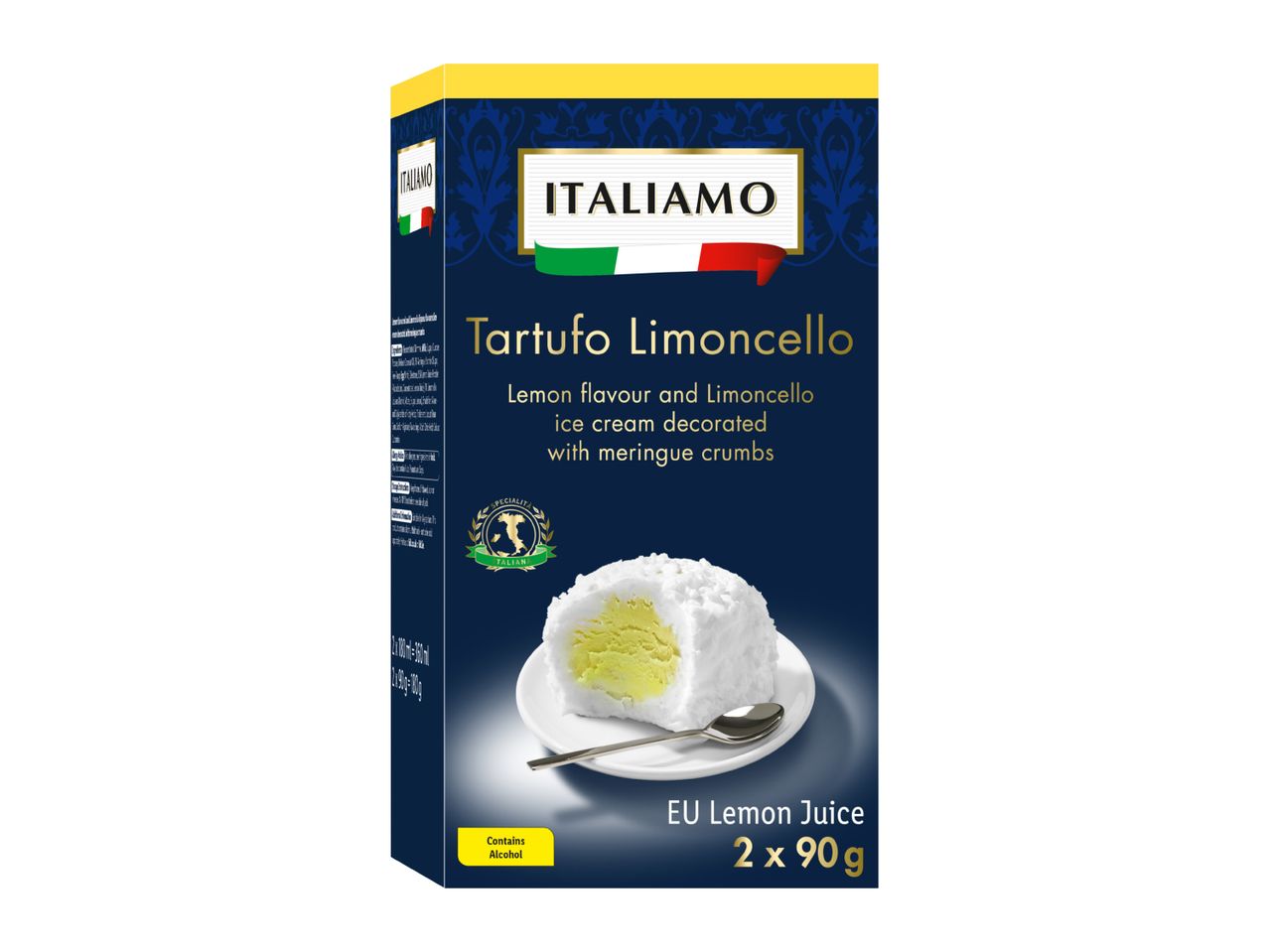 Box of Limoncello ice cream truffles with lemon flavor and meringue crumbs.