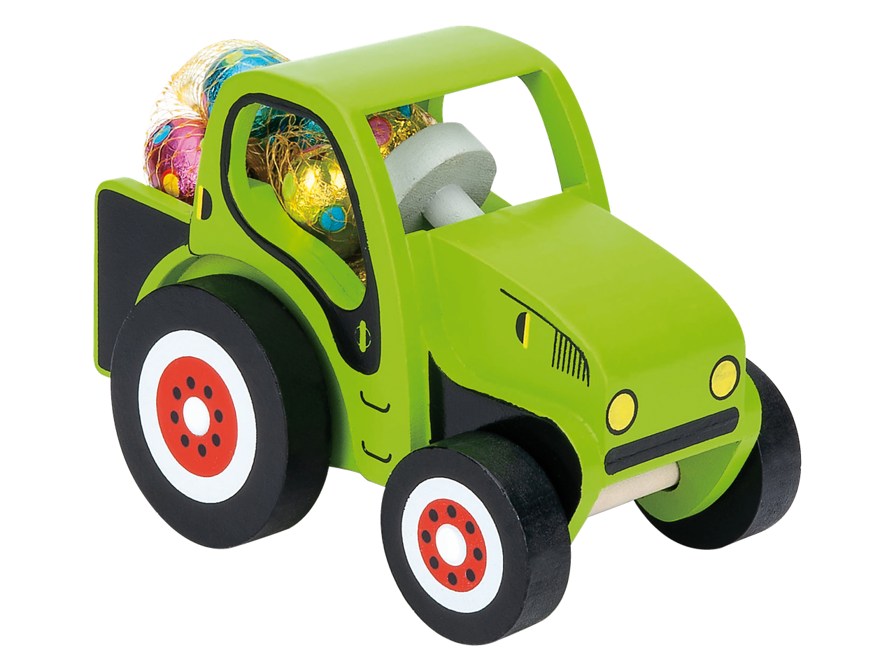 Tractor verde din lemn cu ouă de ciocolată