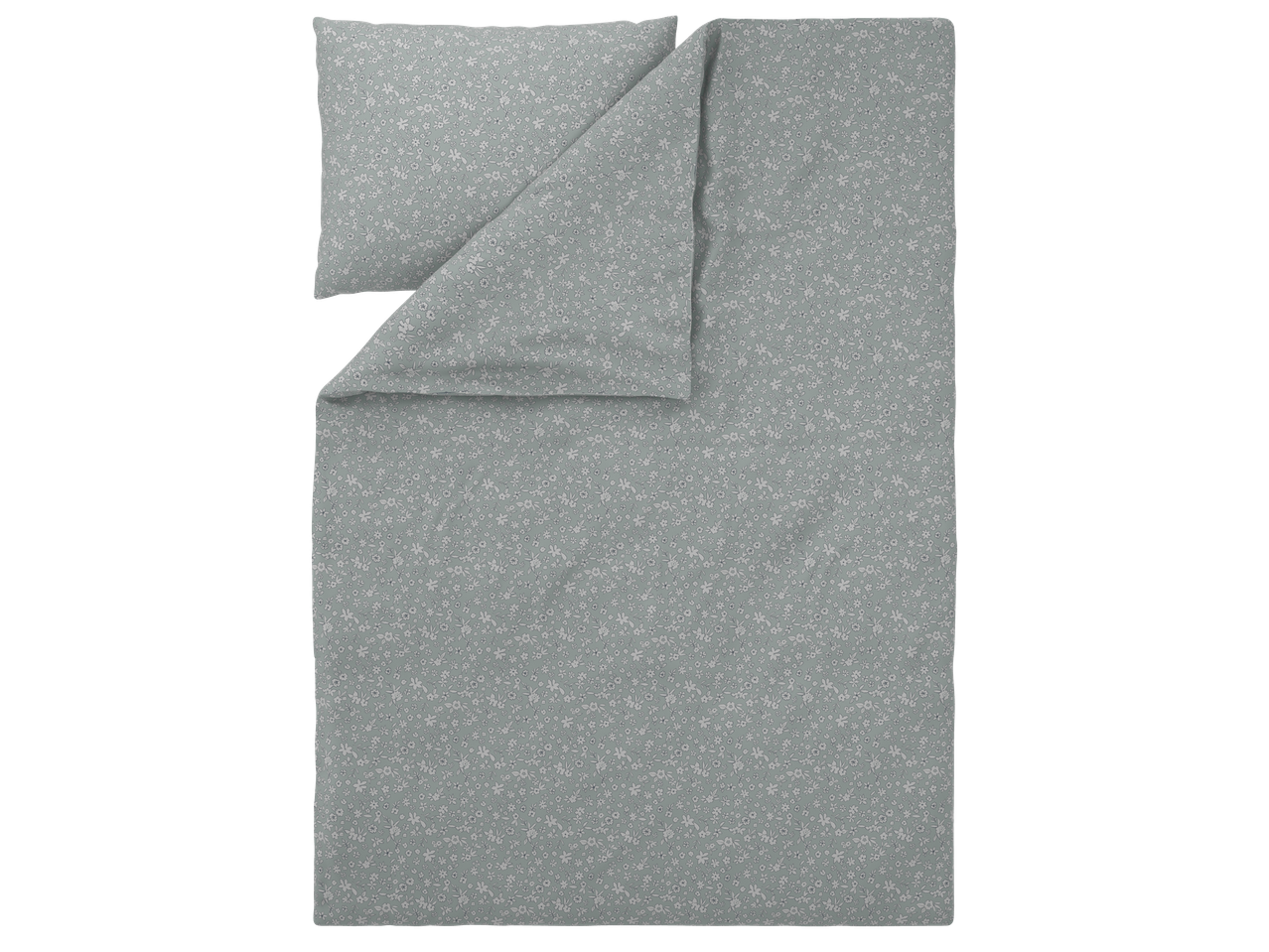 Комплект спално бельо със сиво-зелен десен на малки бели цветя, включващ калъфка за възглавница и плик за завивка.