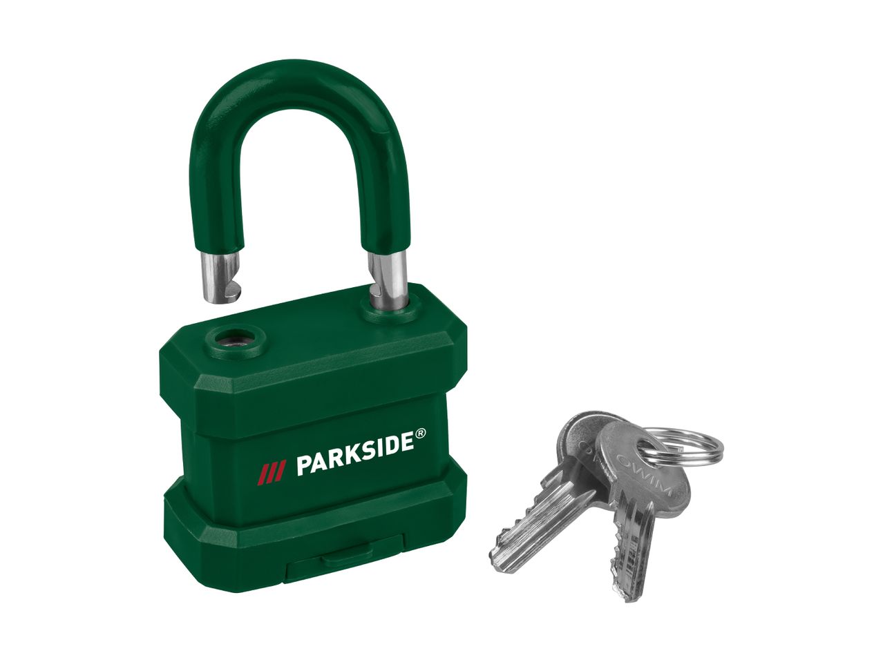 Parkside green padlock with two keys.