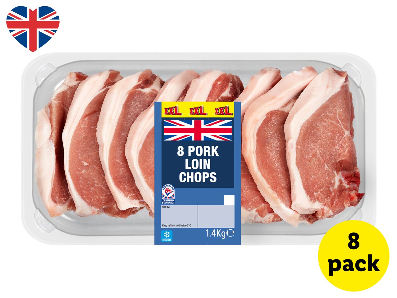 Pack of 8 pork loin chops with a Union Jack flag and 'XXL' labels, weighing 1.4kg.