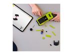 Child building a toy car with building blocks, following instructions on a tablet.
