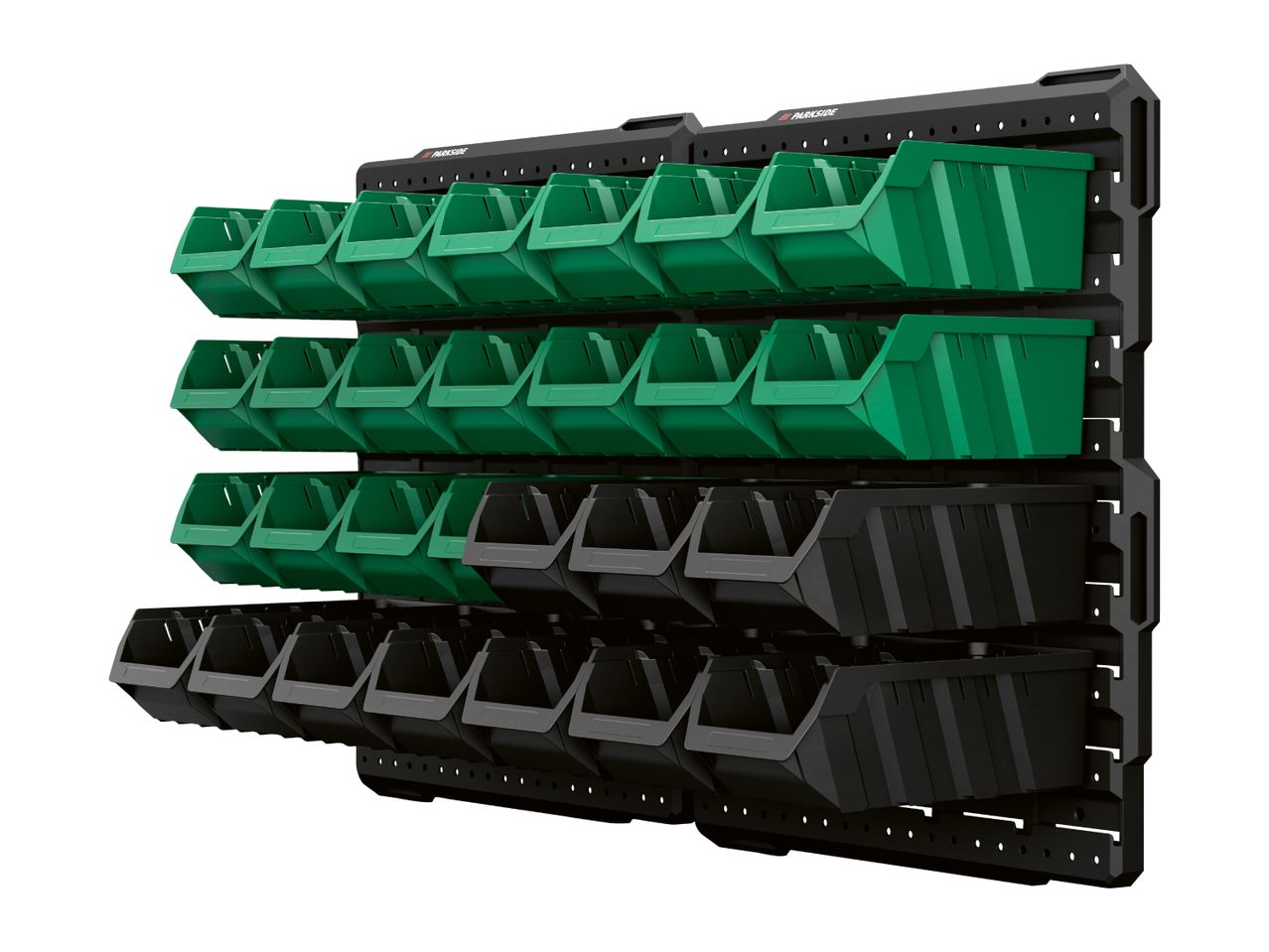Wall-mounted storage system with green and black plastic bins for organizing small parts.