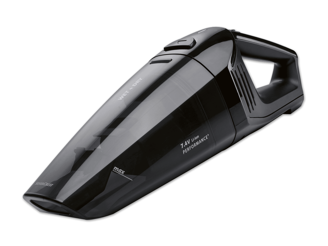 Schwarzer SilverCrest Handstaubsauger mit „Wet + Dry“ und „7.4V Li-ion PERFORMANCE+“ Beschriftung