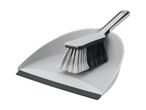 Gray dustpan and brush set with black and white bristles