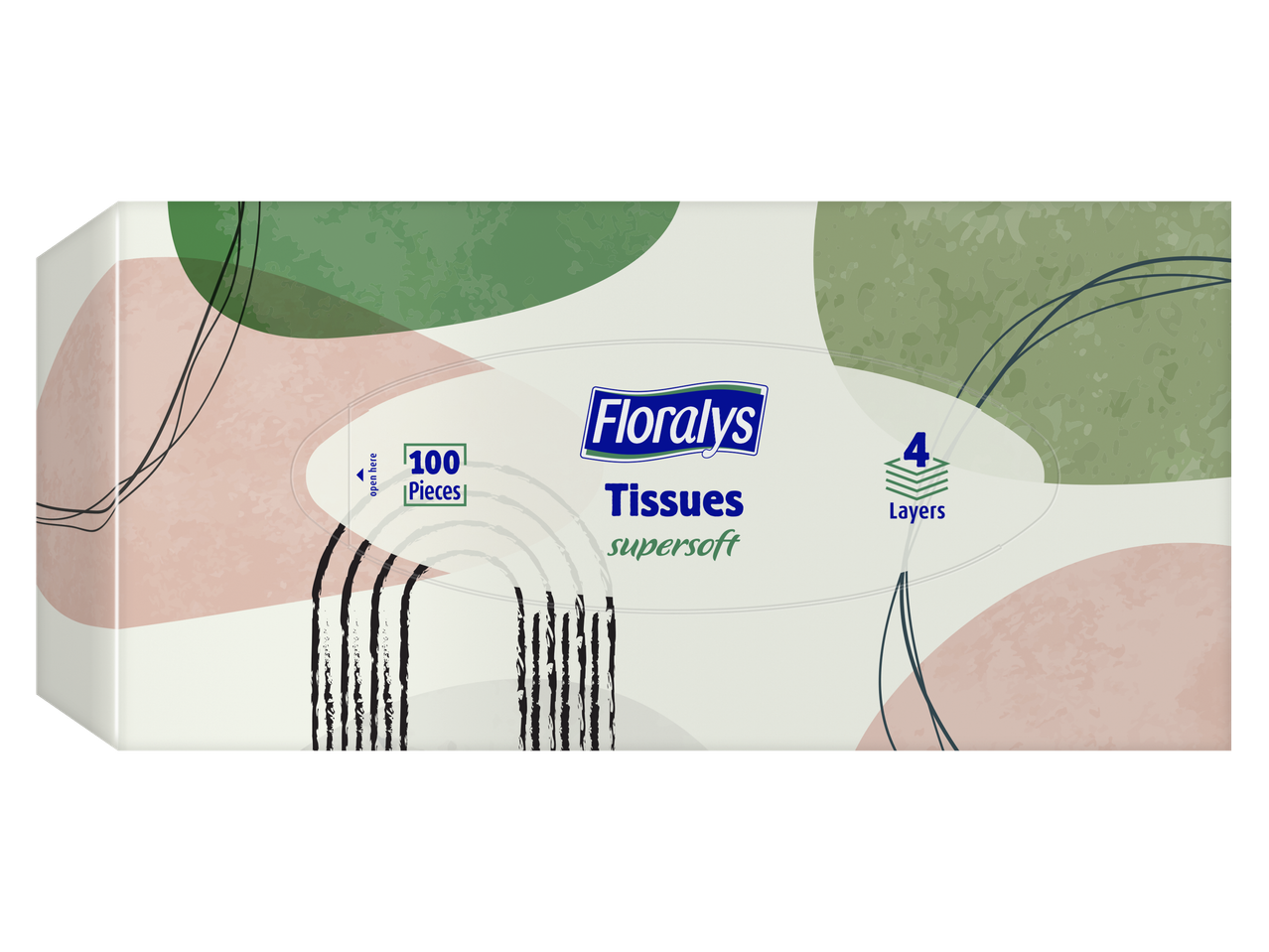 Mouchoirs Floralys supersoft : 100 unités, 4 couches.