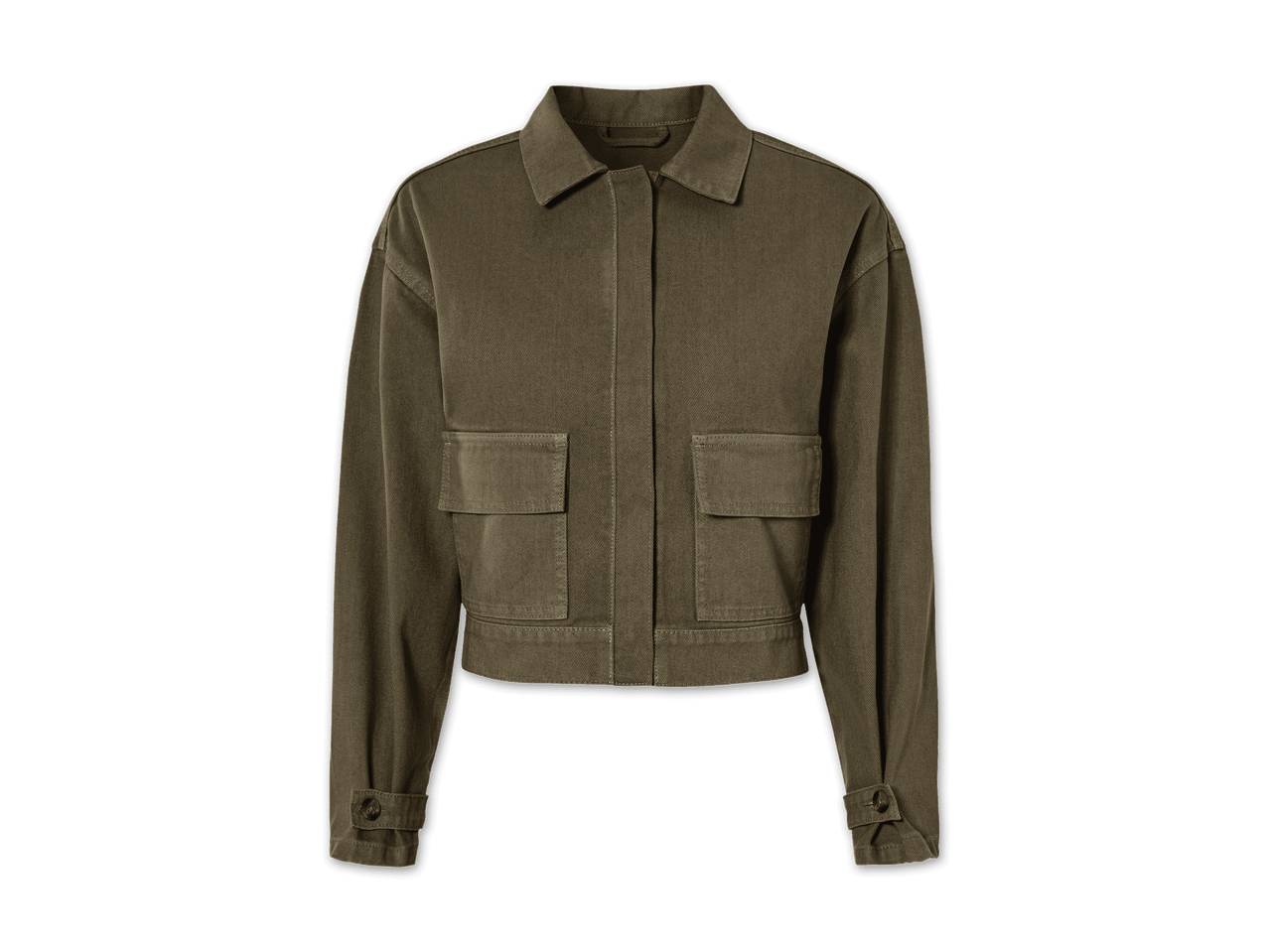 Kurze, olivgrüne Jacke mit Knöpfen.