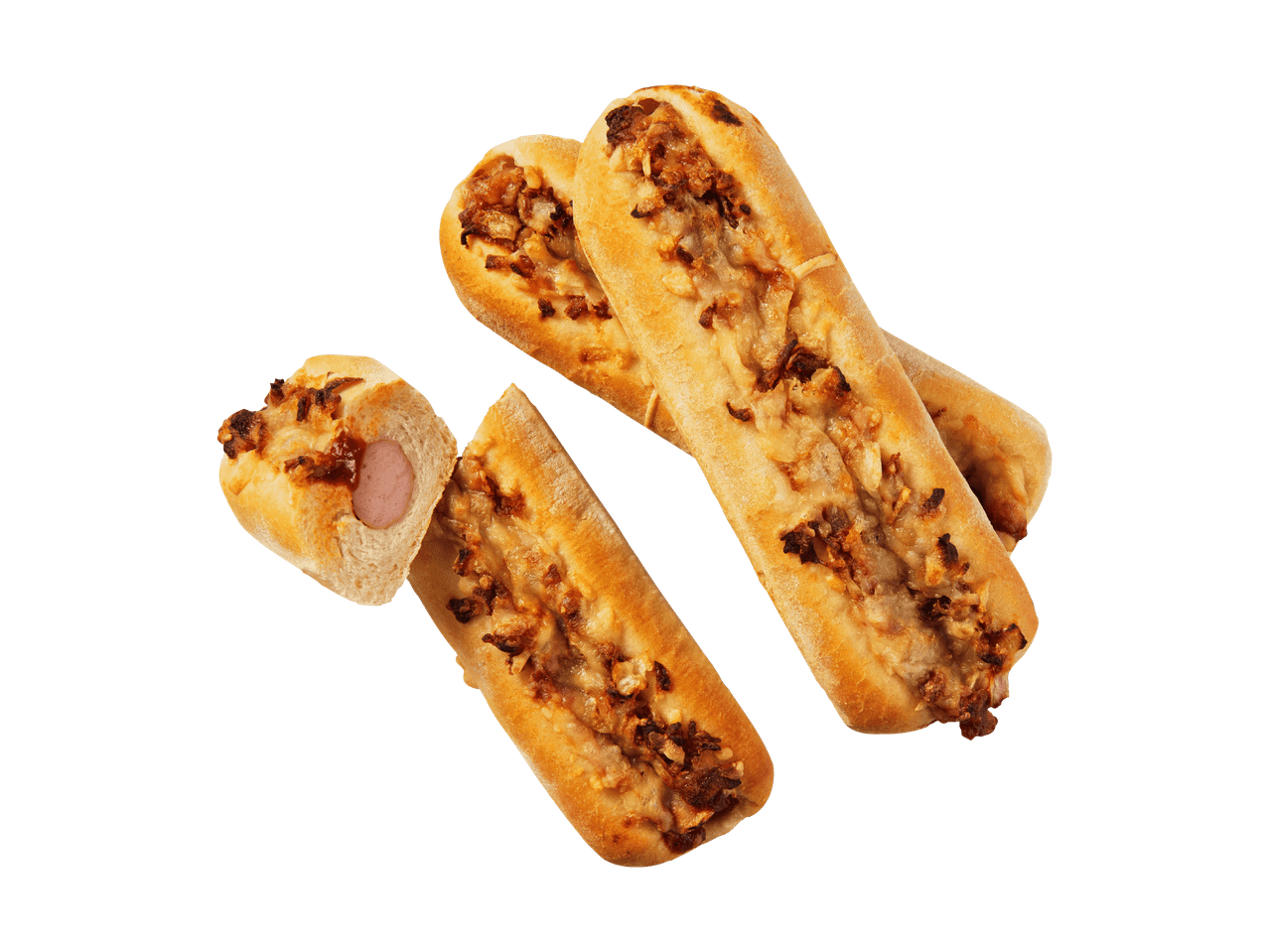 Vier gefüllte Brötchen, eines davon halbiert mit einer Wurst.