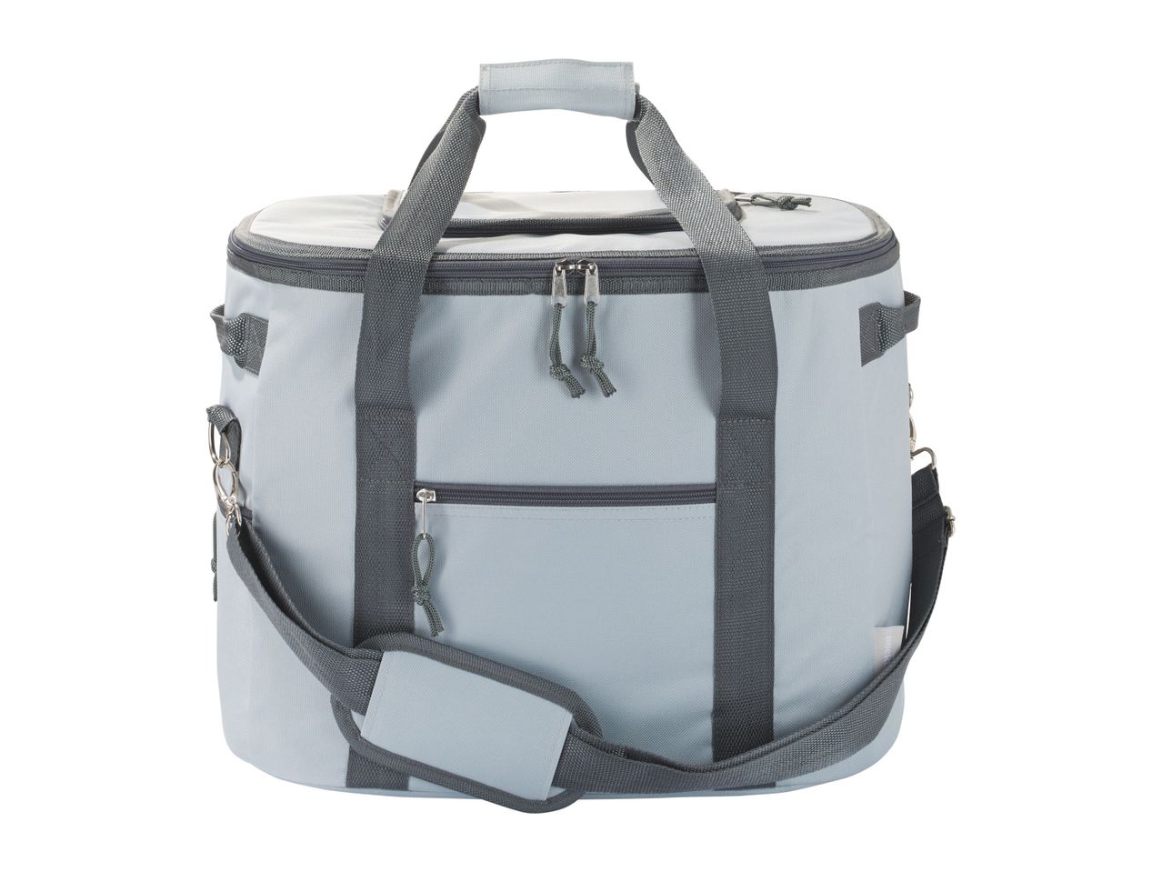 A gray insulated cooler bag with a shoulder strap and top handle.