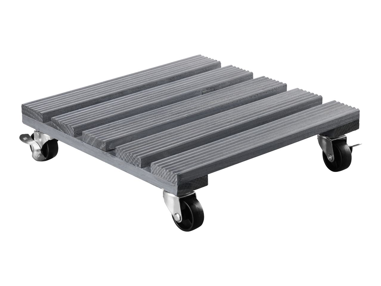 Grey wooden plant caddy with four black wheels, two of which have brakes.