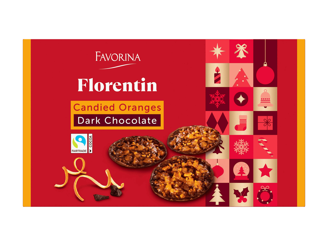Florentin-pikkuleipiä, joissa on sukaattisia appelsiineja ja tummaa suklaata.