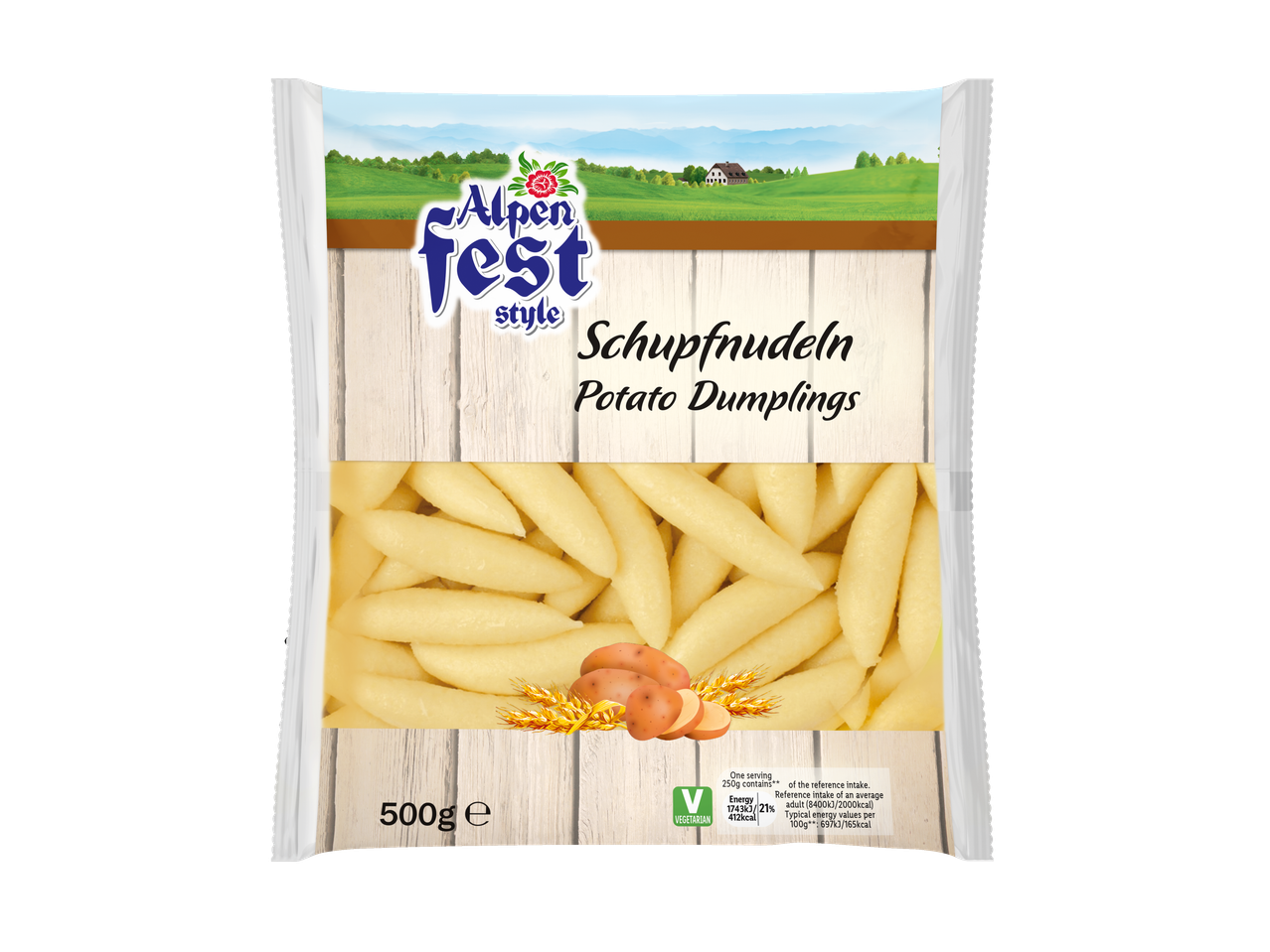 Packaging for potato dumplings (Schupfnudeln) with a vegetarian label and nutritional information.