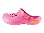 Pink children's clogs with orange accents.