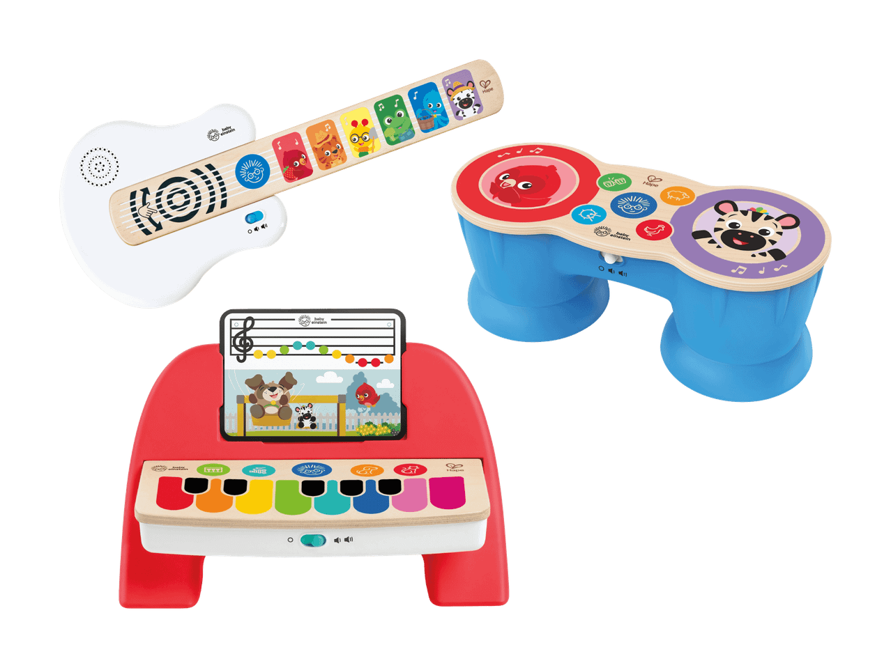 Drei Baby Einstein Holz-Musikinstrumente: eine Gitarre, eine Trommel und ein Keyboard.