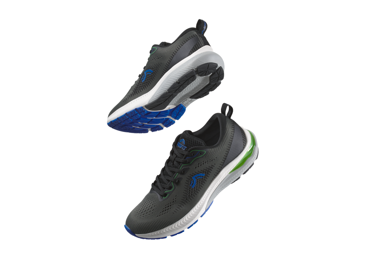 Kaks musta jooksujalatsit siniste ja roheliste detailidega hõljuvad mustal taustal.