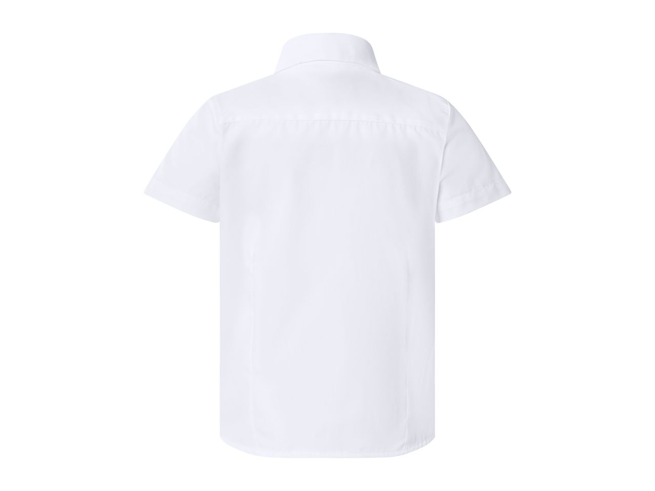 Back view of a white short-sleeved collared shirt.