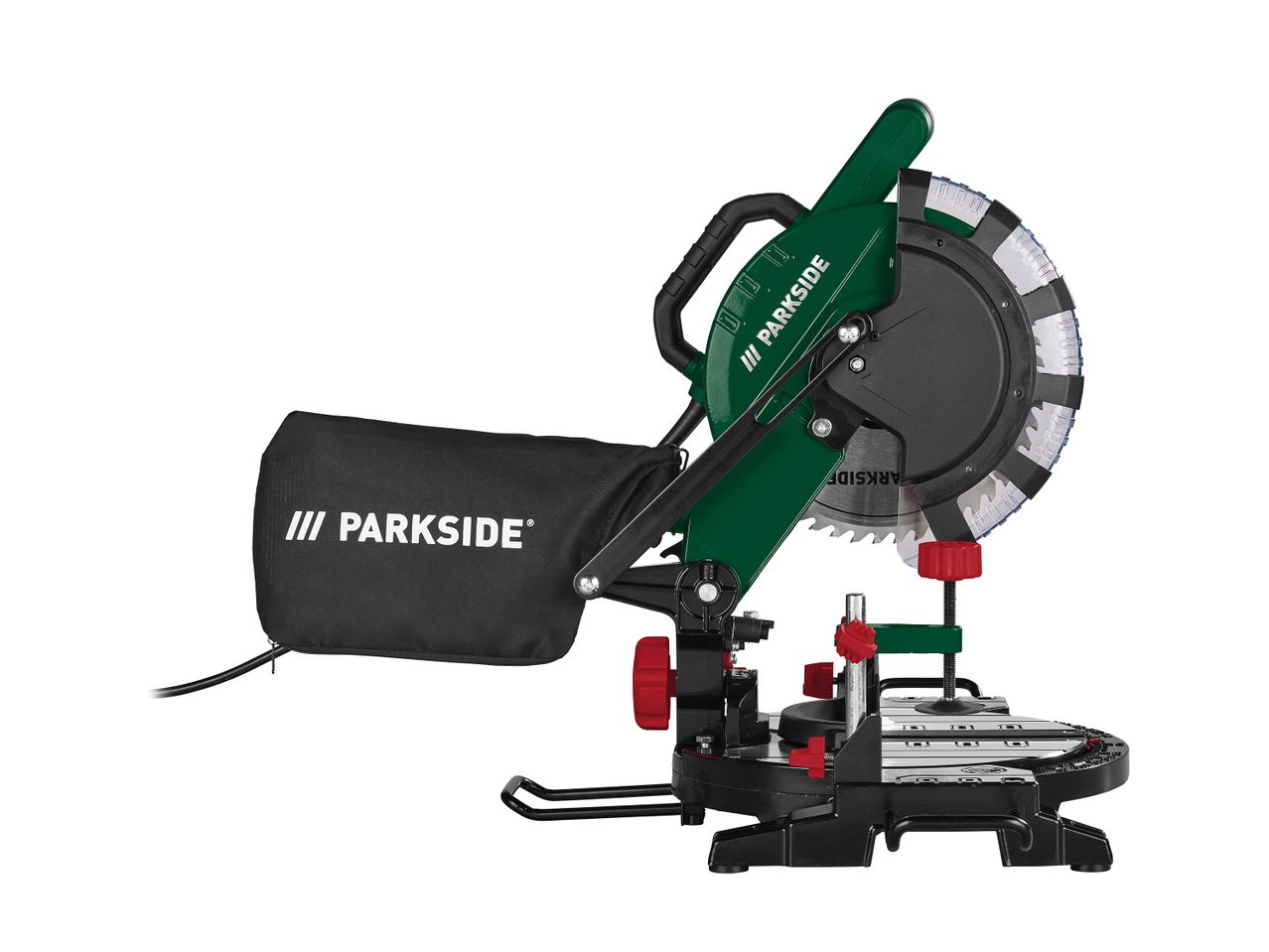 Parkside prekės ženklo metalo pjovimo pjūklas su apsauginiu gaubtu.