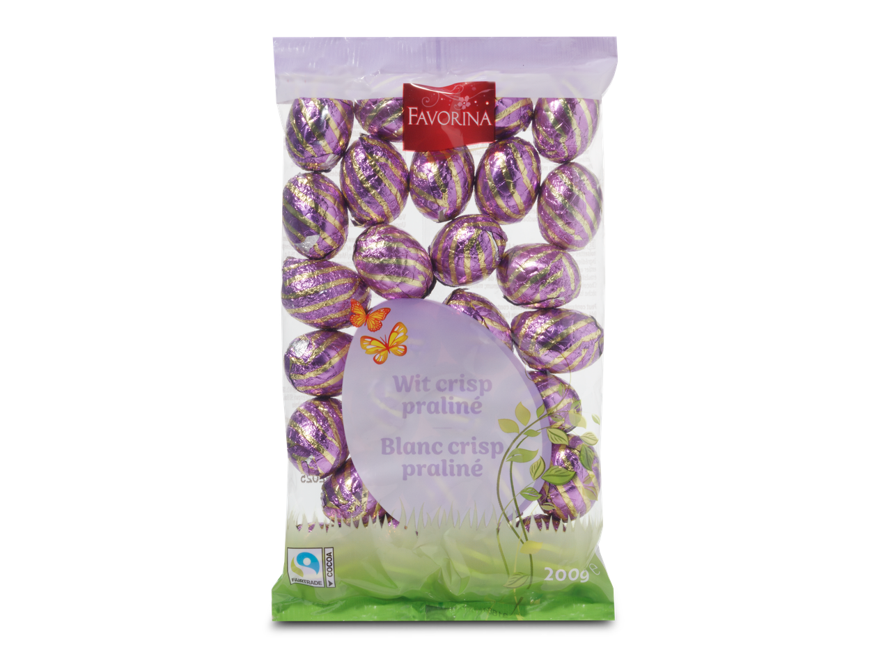 Favorina Gevulde paaseitjes: paarse en gouden eitjes met witte crisp praliné, 200g.