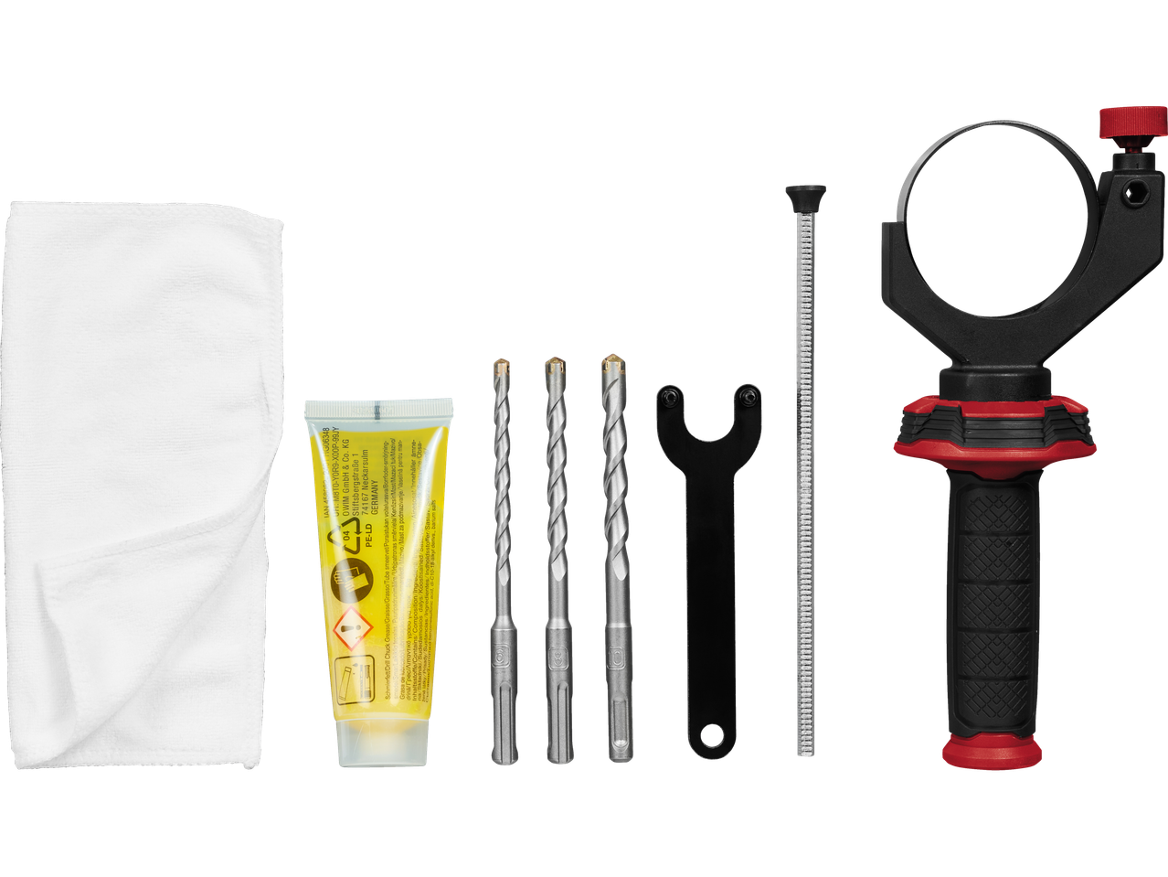 Parkside Performance® kombinált kalapács tartozékok: fúrók, kenőzsír, kendő, markolat, mélységütköző.