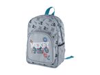 A grey Vicky backpack with a playful design featuring vehicles and travel-themed graphics.