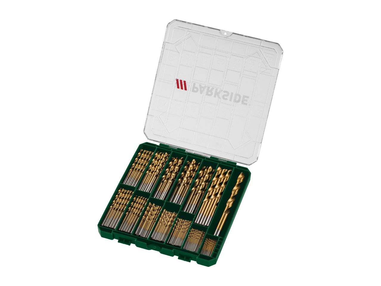 Open green case with a large assortment of golden drill bits of various sizes.
