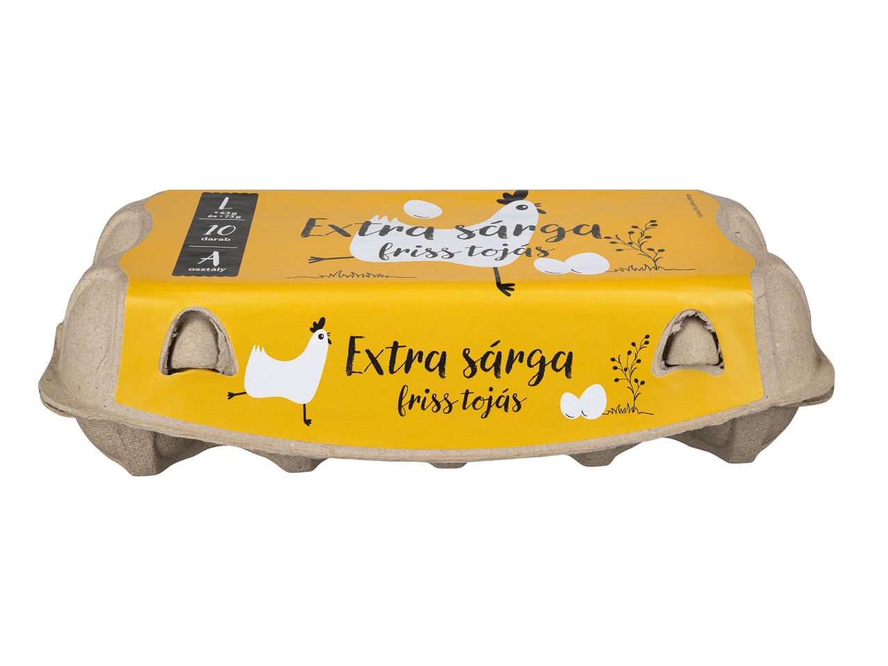 Tíz tojás sárga kartondobozban.