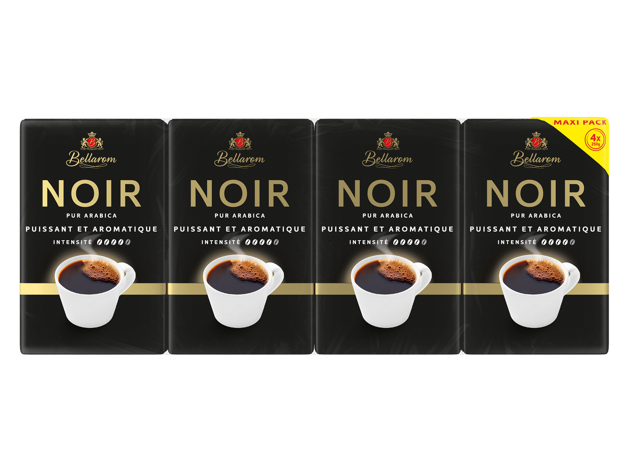 Quatre paquets de café noir pur arabica, puissant et aromatique, avec une intensité de 3/5.