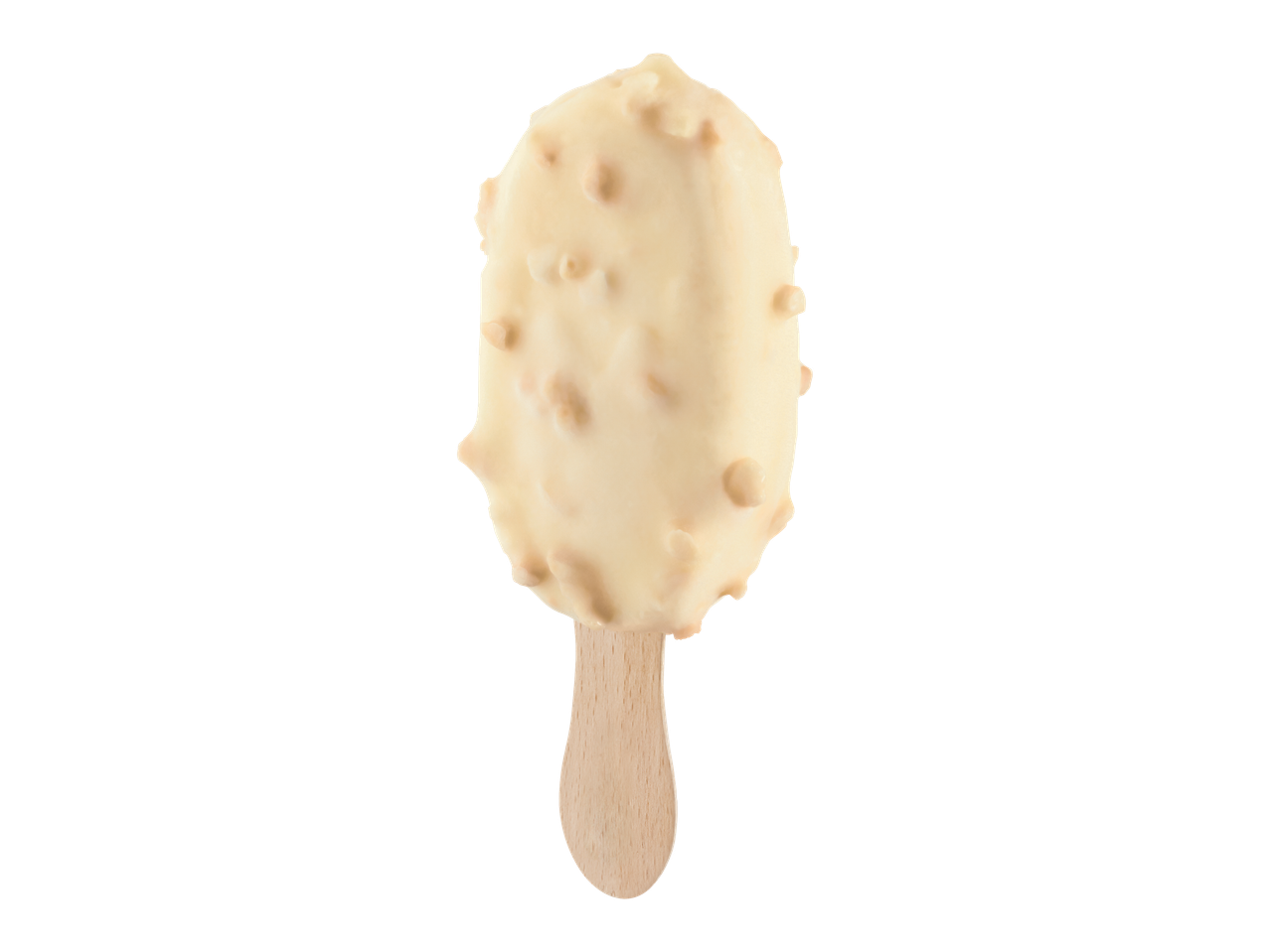 Sorvete coberto com chocolate branco e pedaços de nozes em um palito de madeira.